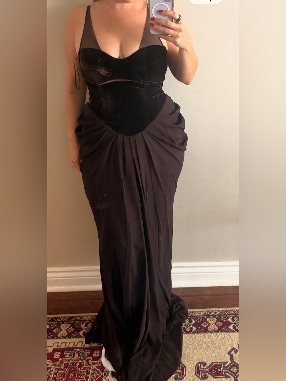 Meshki Dalia Off Shoulder Satin Maxi Dress - Dark Chocolate - Picture 2 of 2
